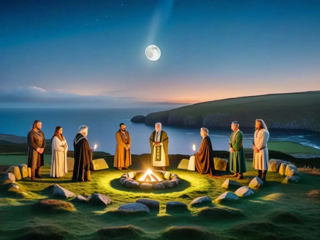 Círculo de piedras celtas bajo la Luna llena con druidas en ceremonia, evocando la influencia lunar en civilizaciones antiguas