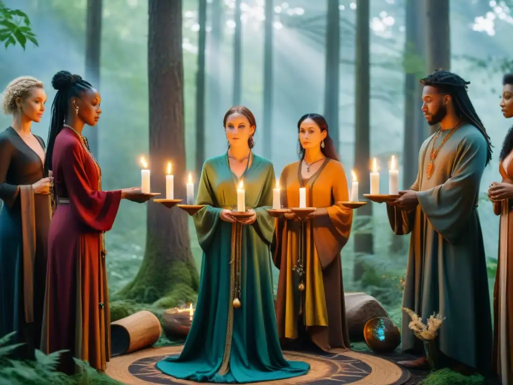 Un círculo de practicantes de Wicca en un ritual en el bosque