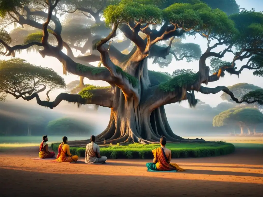 Un círculo de Rishis meditando bajo un antiguo árbol banyan, rodeados de naturaleza vibrante y la luz del sol