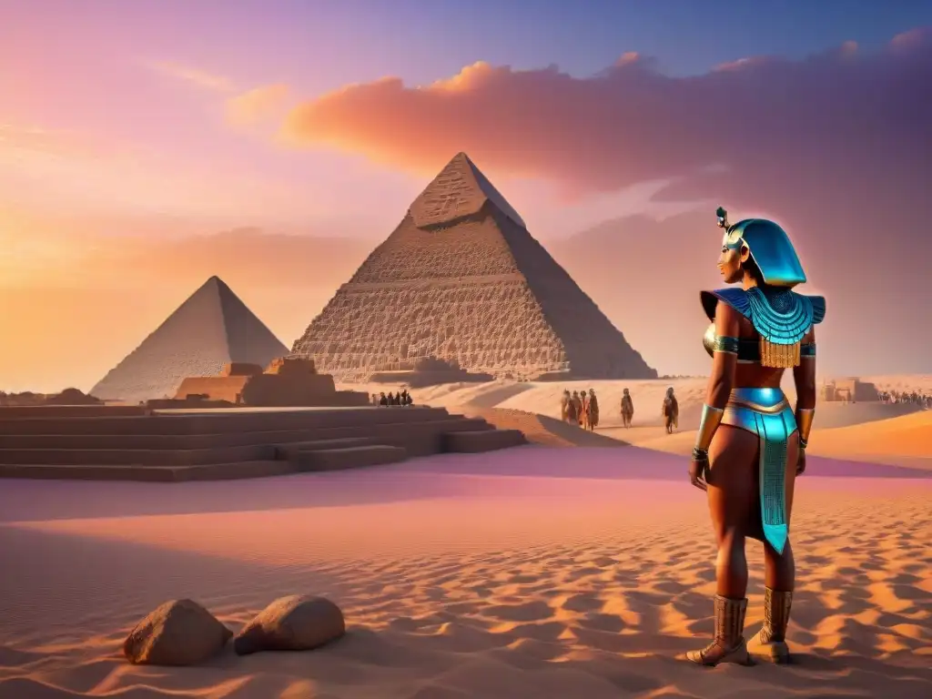 Una ciudad futurista con inspiración egipcia en ciencia ficción, donde pasado y futuro se fusionan en un paisaje impresionante al atardecer