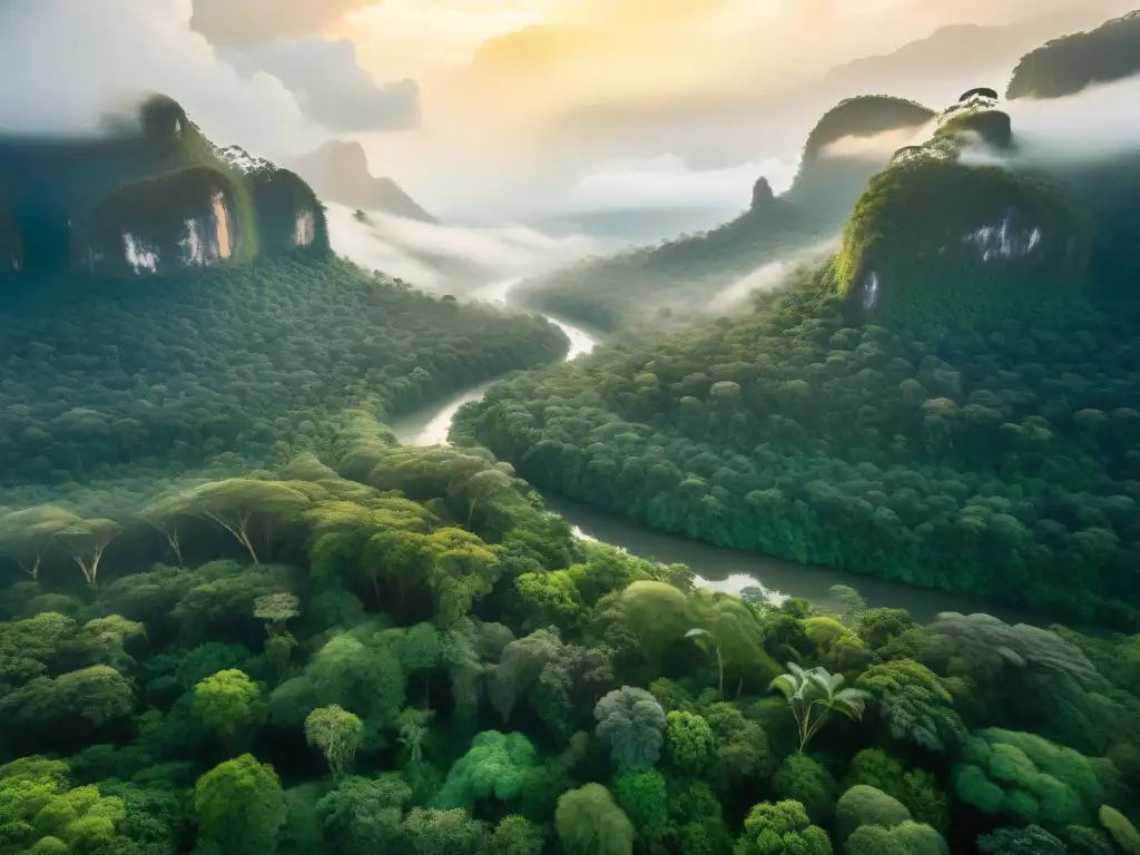 La Ciudad de Oro misteriosa: Majestuosa selva tropical con ríos brillantes y neblina entre árboles verdes