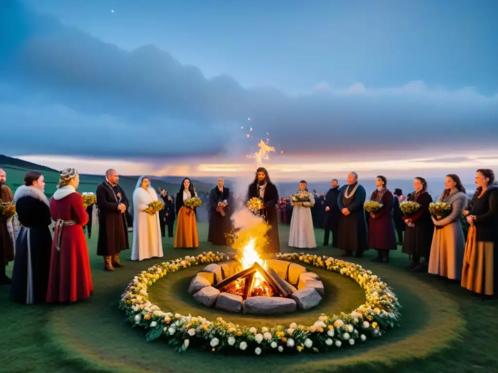 Celebración de Imbolc en civilizaciones antiguas: un ritual alrededor de un fuego sagrado en círculo de piedras iluminado por antorchas y flores