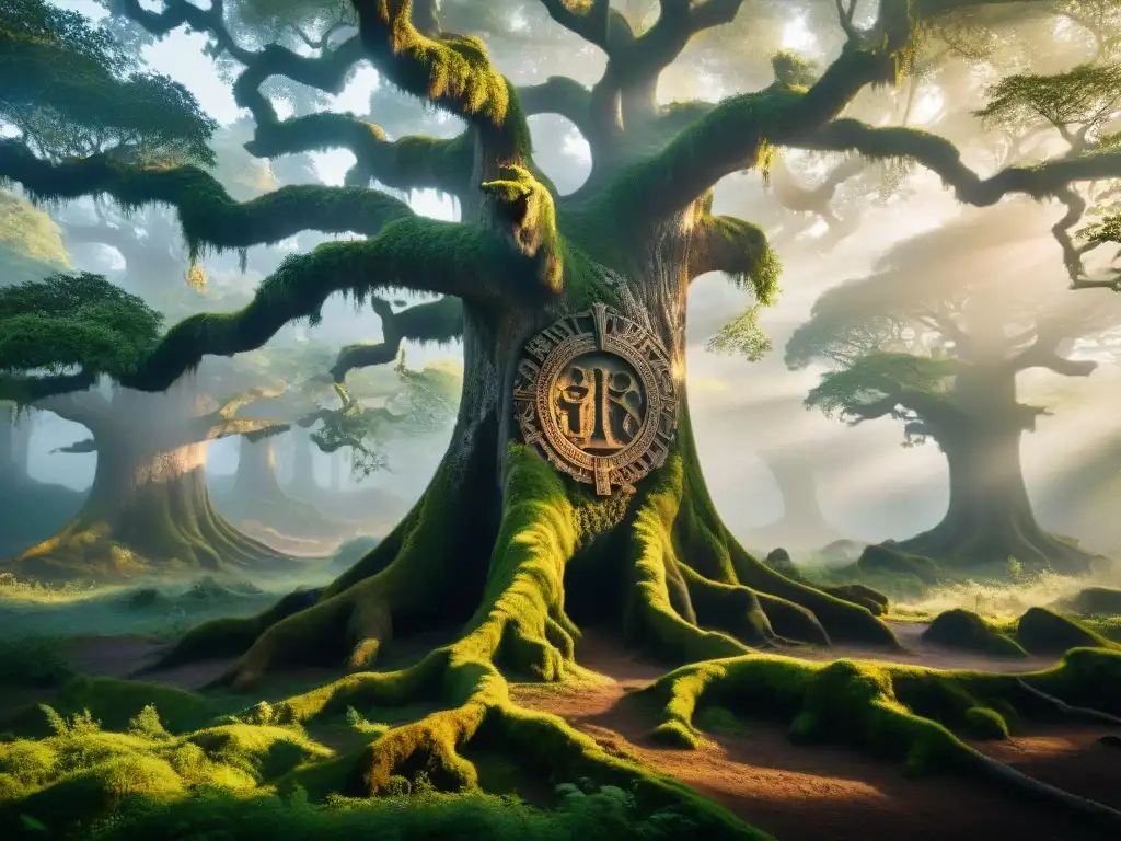 Un claro boscoso bañado por la suave luz del sol poniente, con runas nórdicas talladas en árboles centenarios