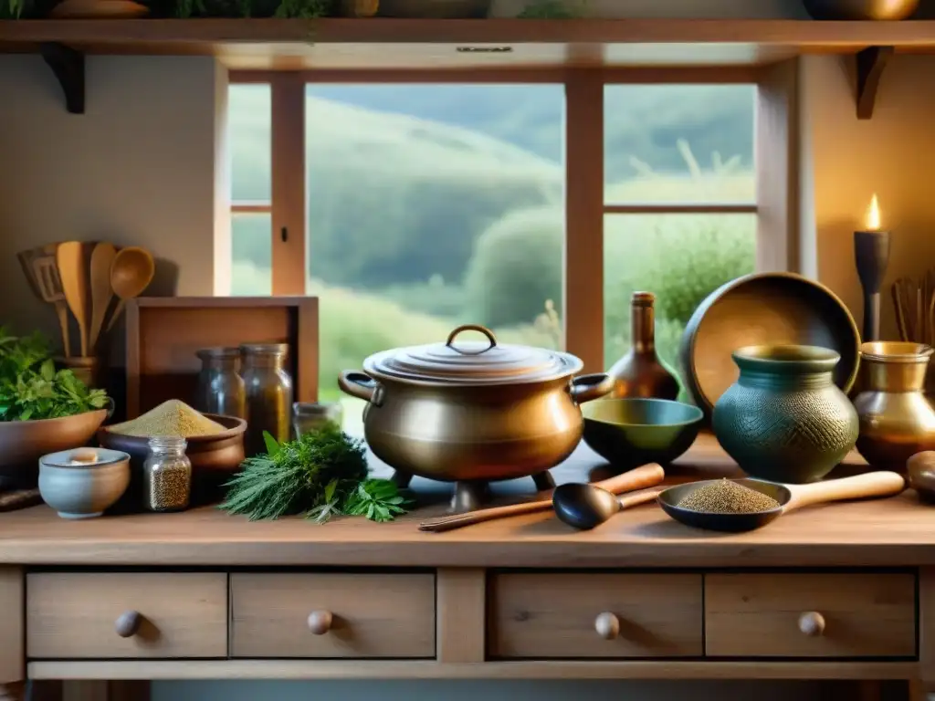 Una cocina celta antigua llena de sabores y tradiciones, con utensilios de bronce y hierbas en frascos