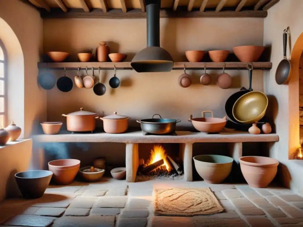 Una cocina romana antigua bien conservada con utensilios culinarios en estanterías de madera