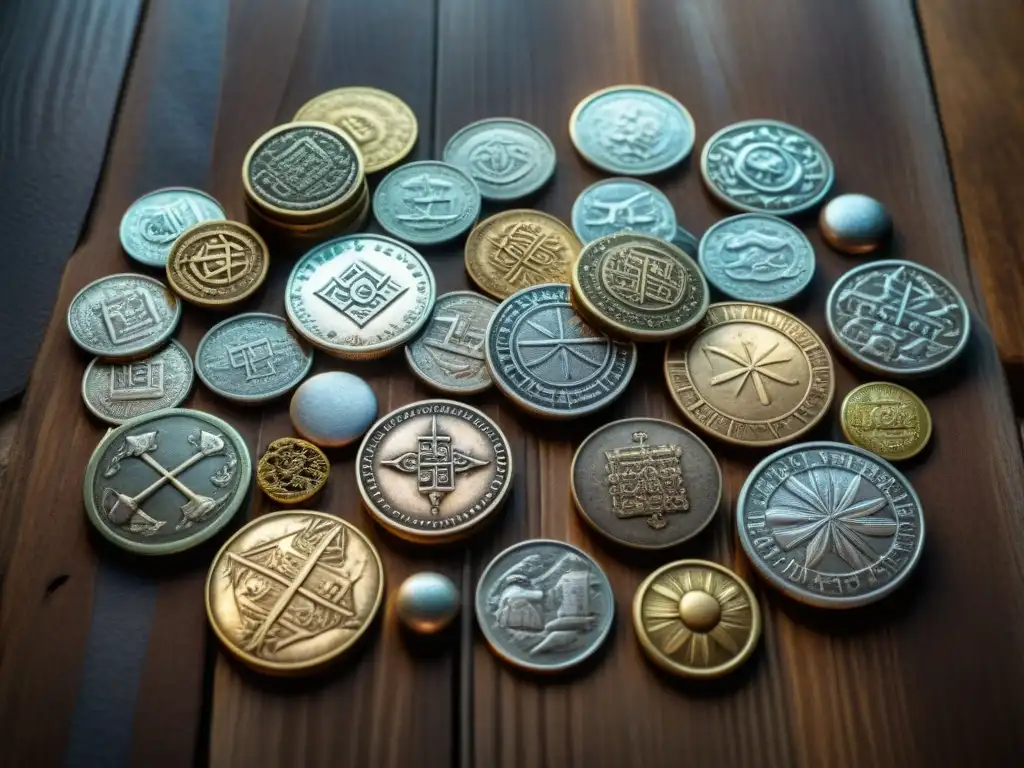 Una colección de antiguas y misteriosas monedas en una mesa de madera, evocando historias y misterios numismáticos sin resolver