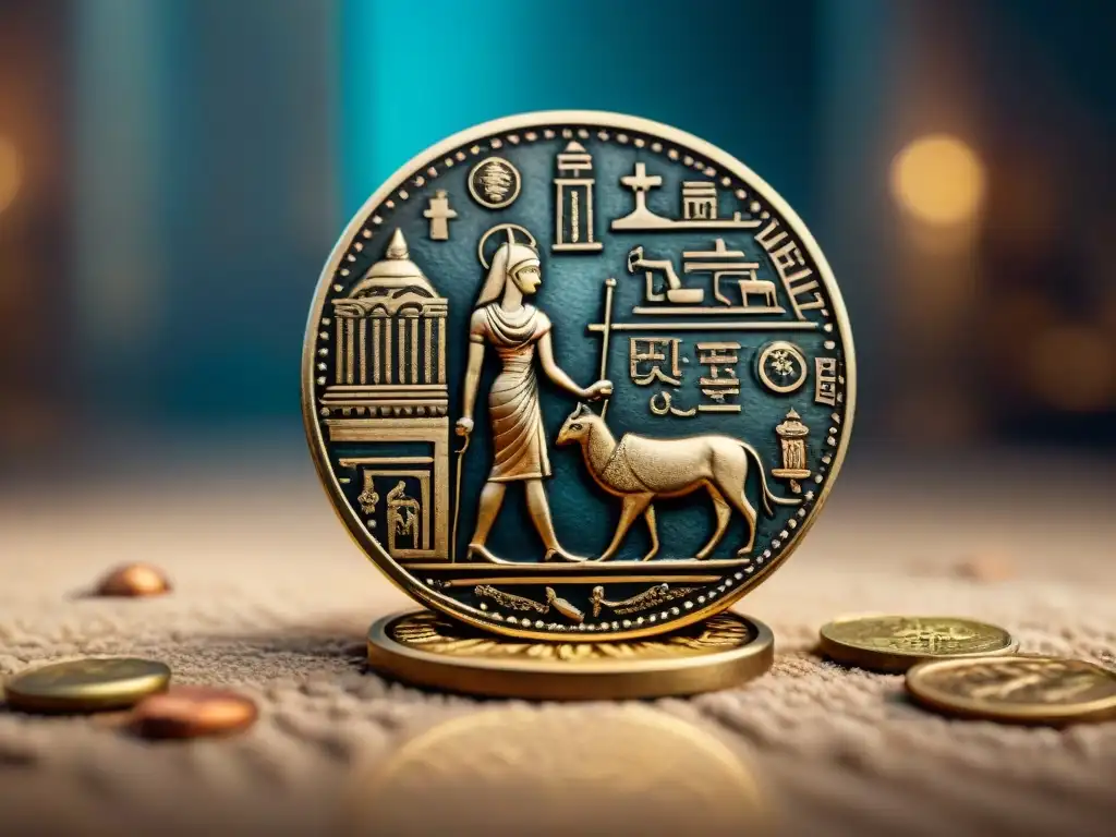 Una colección de antiguas monedas con detalles religiosos en un entorno museístico iluminado, destacando su importancia histórica