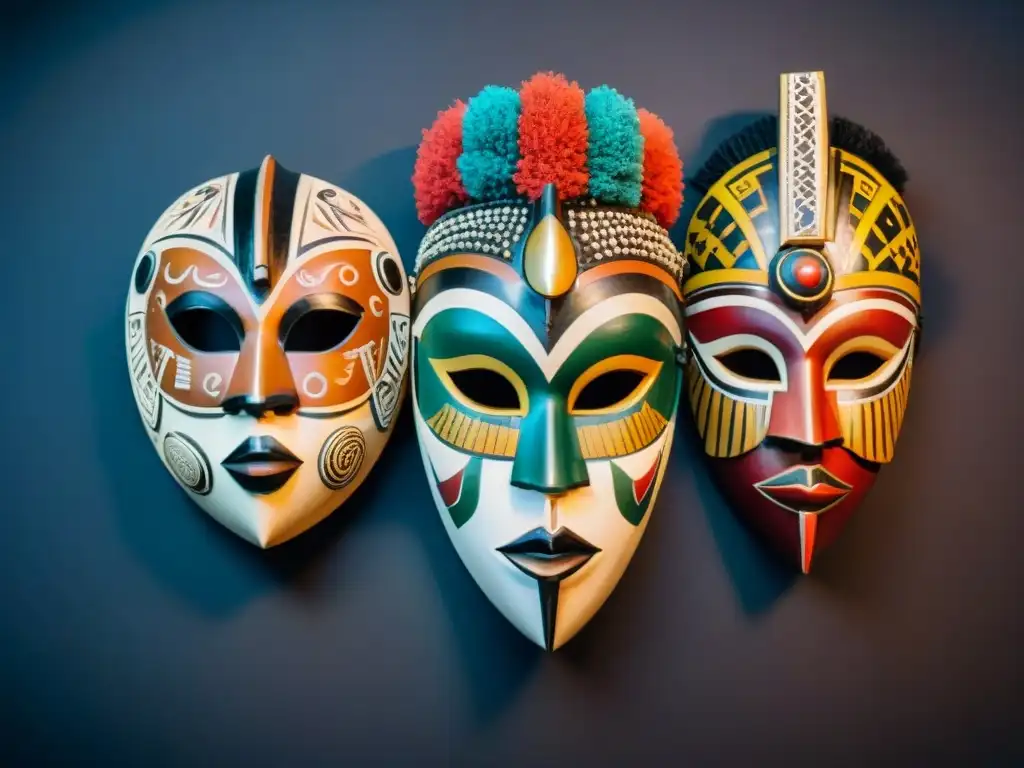 Una colección diversa de máscaras africanas con significado ritual, detalladas y coloridas, en un fondo oscuro