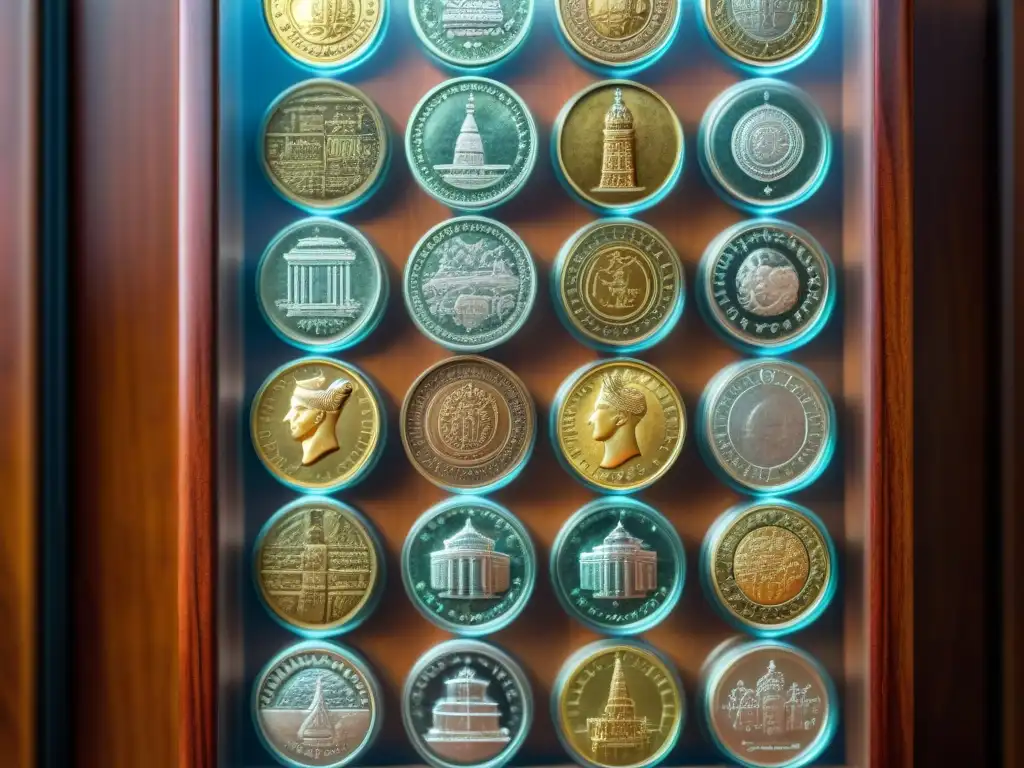 Una colección de monedas antiguas bellamente expuestas en un estuche de madera, destacando la historia y la artesanía de cada pieza