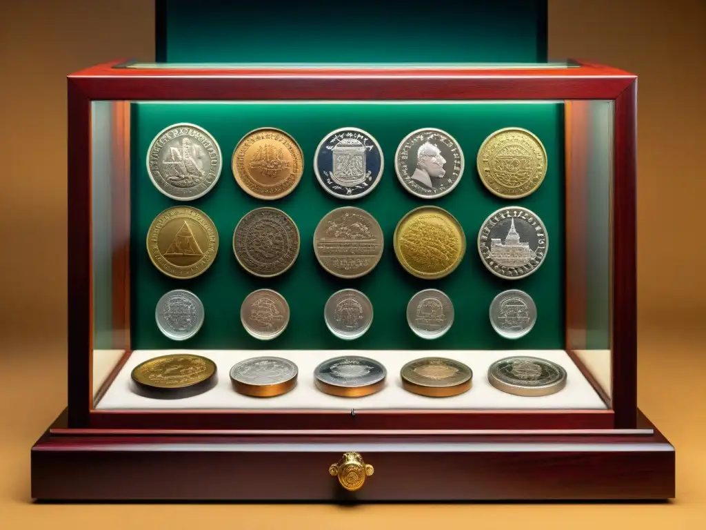 Una colección de monedas antiguas y sellos en un estuche de terciopelo, con detalles históricos y colores desvanecidos