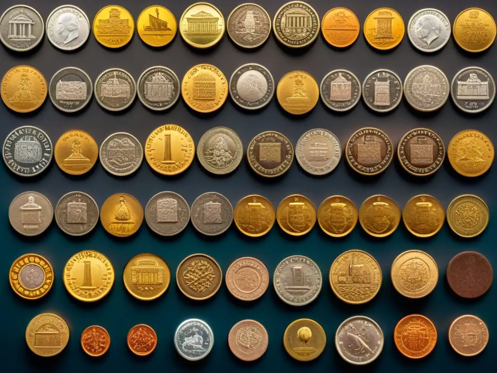 Una colección de monedas y estampillas antiguas, organizadas meticulosamente en un fondo oscuro, reflejando diferentes épocas