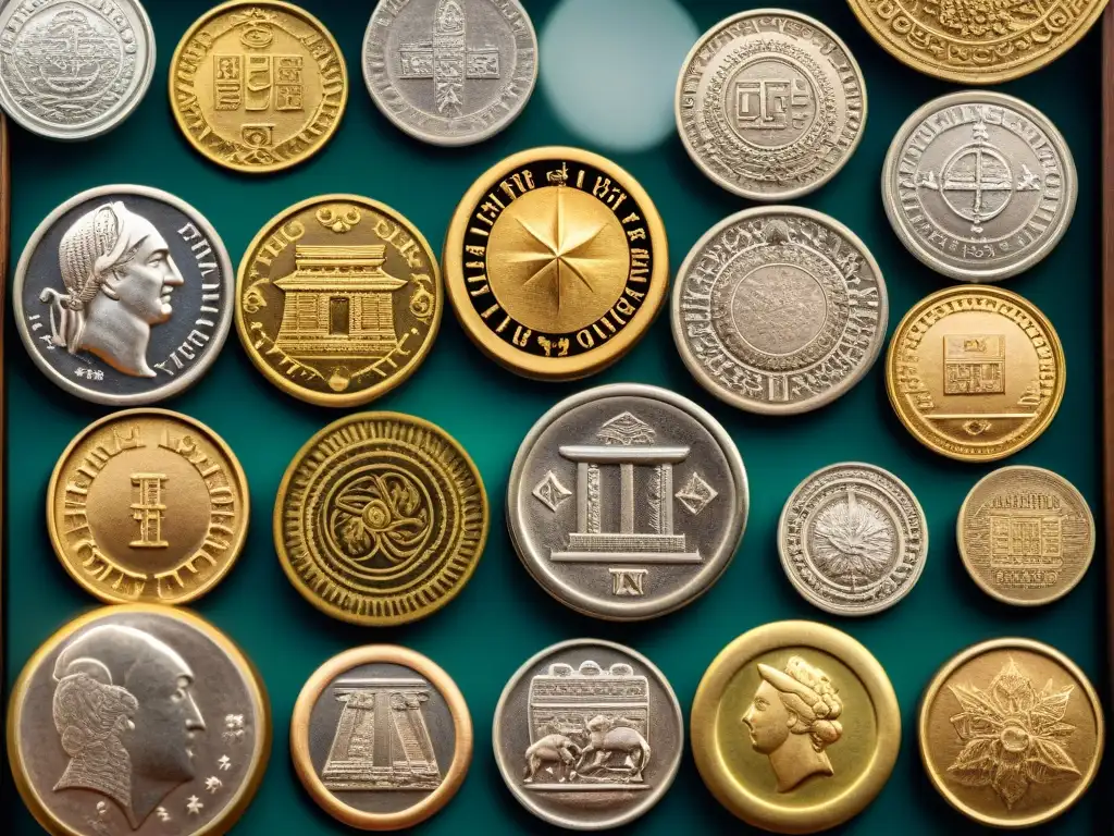 Una colección de monedas y sellos antiguos de diferentes civilizaciones en el Nuevo Mundo, mostrando la transformación postinvasiones