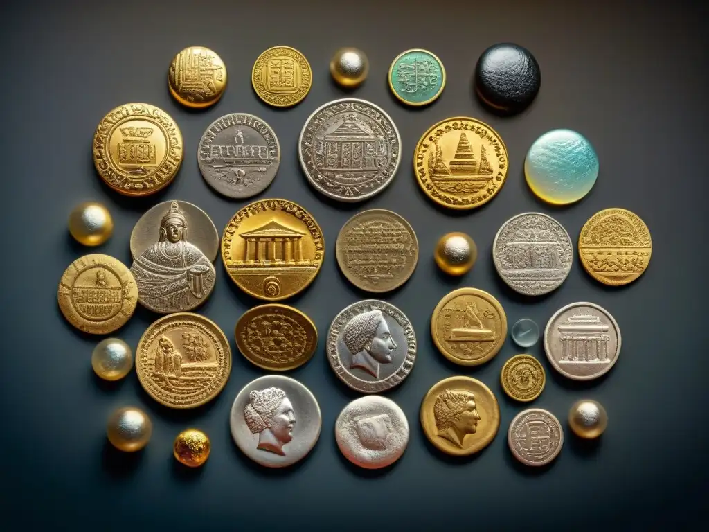 Una colección de monedas y sellos antiguos de diversas culturas, detallados y relucientes sobre terciopelo oscuro bajo suave iluminación de museo