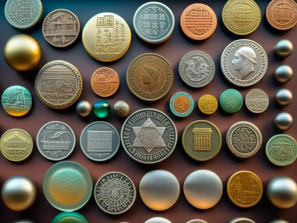 Colección de monedas y sellos antiguos: detalles y belleza histórica Una colección meticulosamente organizada de monedas antiguas y sellos, resaltando su belleza y significado histórico