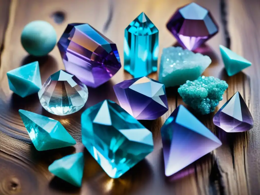 Una colección variada de cristales vibrantes y brillantes sobre madera rústica