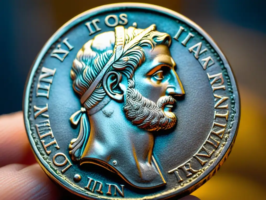Moneda romana antigua con detalles increíbles Coleccionismo de monedas antiguas: Detalle de una rara moneda romana antigua con grabados detallados de un emperador y un evento histórico