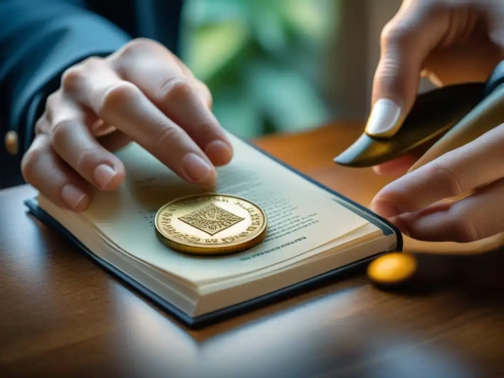Con cuidado, colección de monedas antiguas en álbum protector Un coleccionista coloca con cuidado una moneda antigua rara en un álbum protector, resaltando su valor histórico