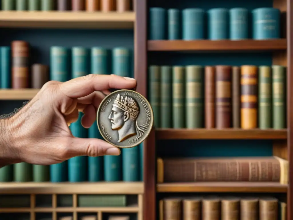 Un coleccionista de monedas antiguas examina con reverencia una rara moneda bajo una lupa, rodeado de sellos y álbumes antiguos