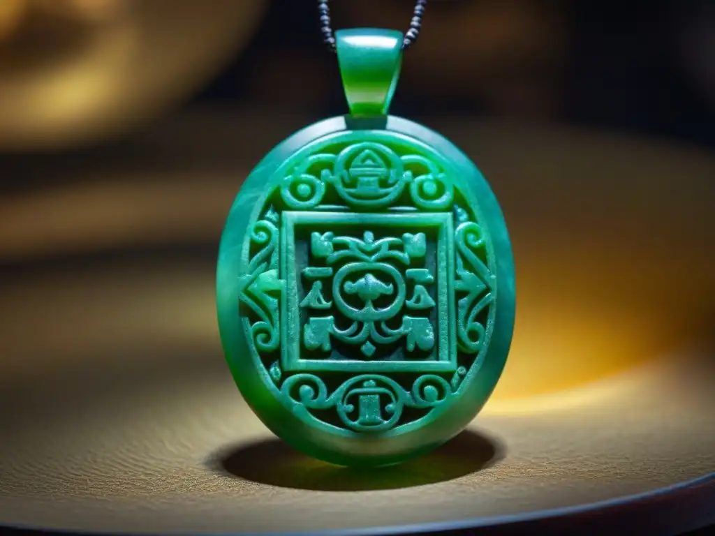 Colgante de jade Maya iluminado en museo, rodeado de artefactos antiguos, evocando inmortalidad y misterio