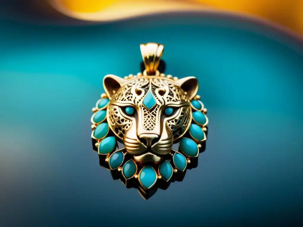 Un colgante de oro intrincado en forma de jaguar, con piedras turquesa y detalles de filigrana, resplandeciendo bajo una suave luz de vela