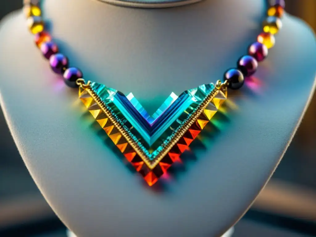 Collar de cristales artesanales con energía positiva y beneficios, reflejando colores vibrantes y patrones únicos