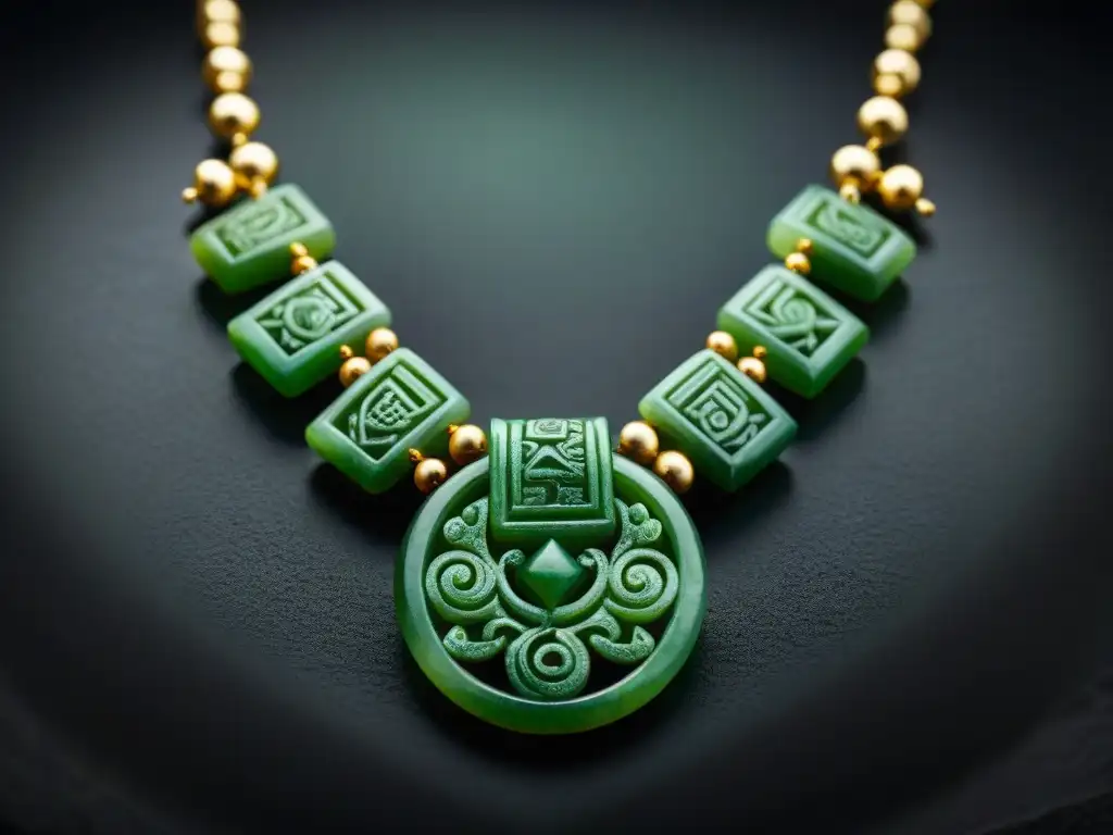 Collar de jade maya con símbolos de fertilidad y abundancia sobre terciopelo negro