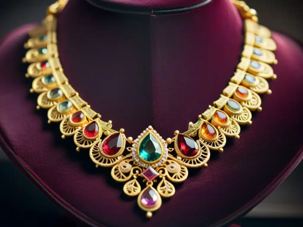 Collar de oro con gemas vibrantes sobre terciopelo oscuro, reflejando significado joyas India antigua