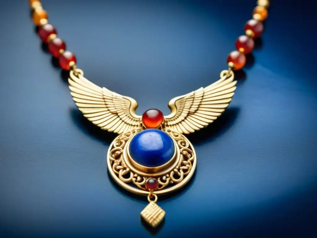 Collar de oro con lapislázuli y cornalina, inspirado en joyería mesopotámica antigua
