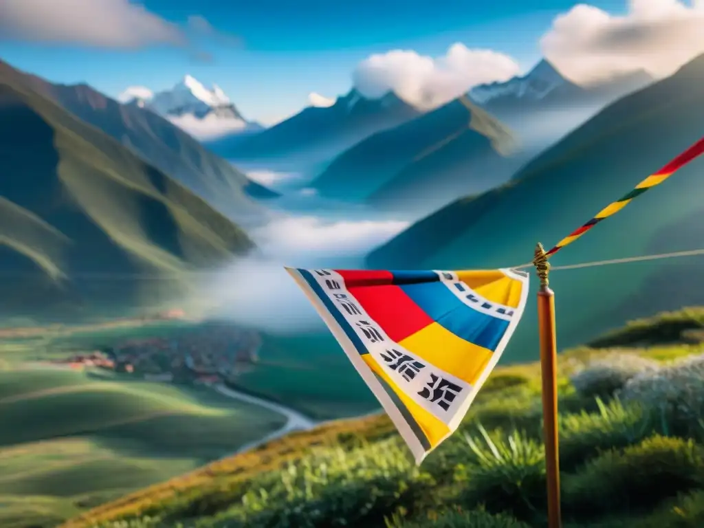 Colorida bandera de oración tibetana ondeando en la brisa con símbolos protectores, ideal para amuletos protección colocar hogar