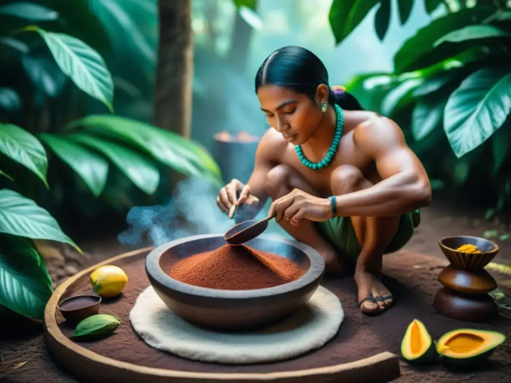 Colorida ceremonia del cacao mesoamericano con indígenas moliendo cacao en metate y preparando bebida de chocolate en recipiente tradicional