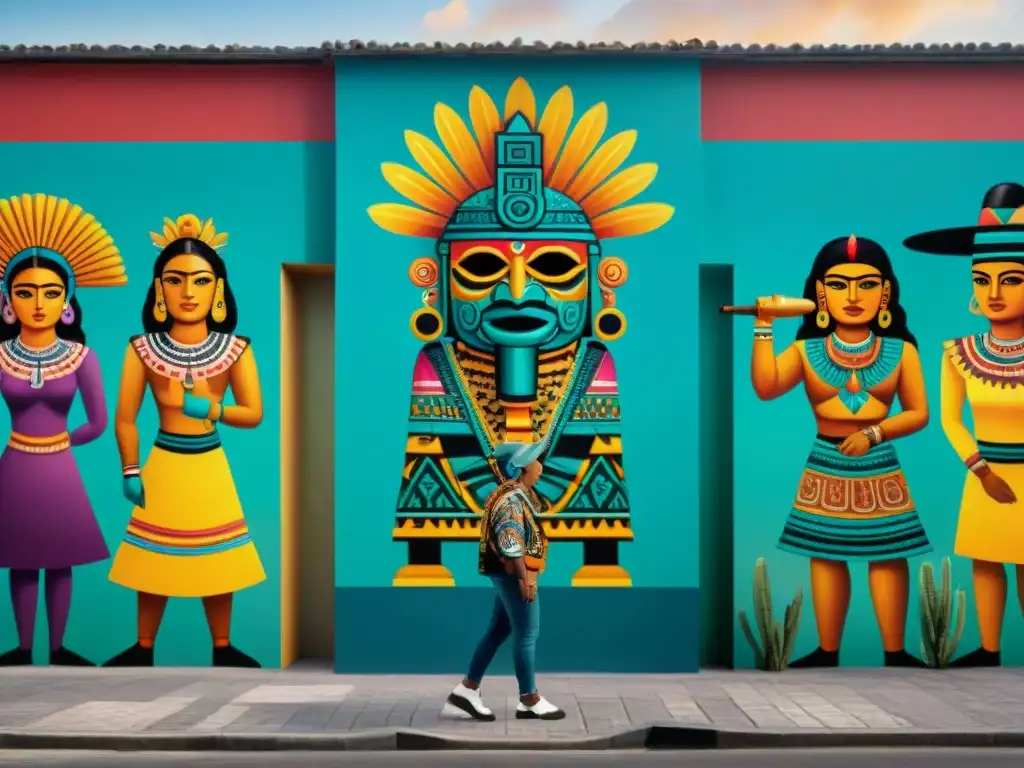 Colorida pintura mural en CDMX fusiona símbolos aztecas y mayas con elementos urbanos, reflejando la dualidad en cosmovisión mesoamericana