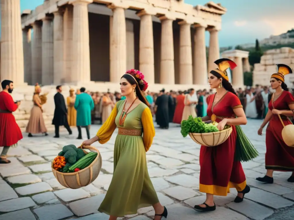 Colorido Festival Thargelia en Atenas: recreación moderna del antiguo ritual, con músicos, ofrendas y vestimenta tradicional en las calles históricas