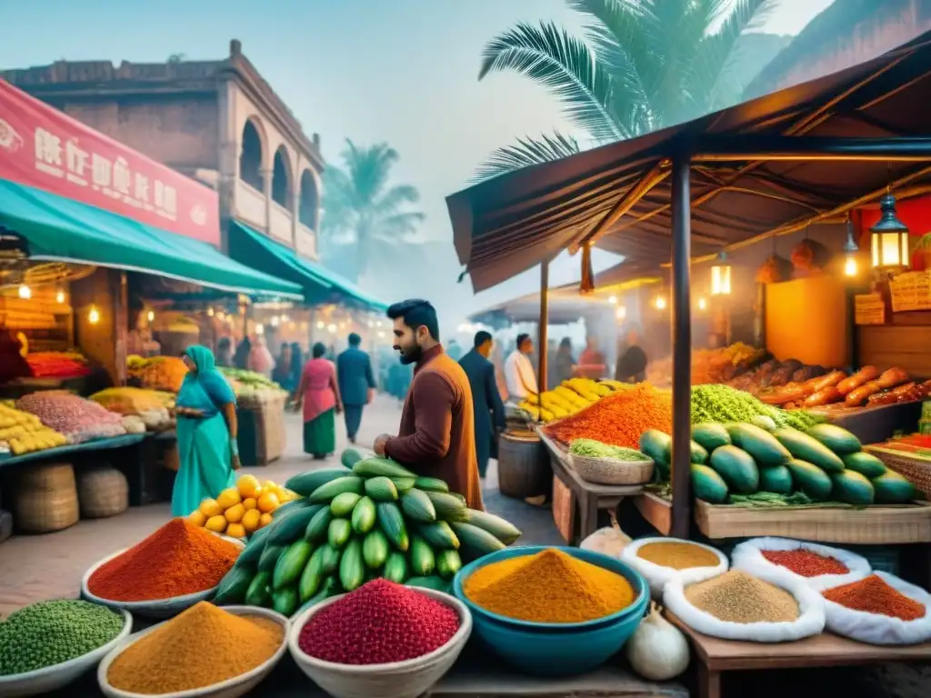 Colorido mercado indio antiguo con locales regateando y vendedores preparando recetas culinarias India Antigua