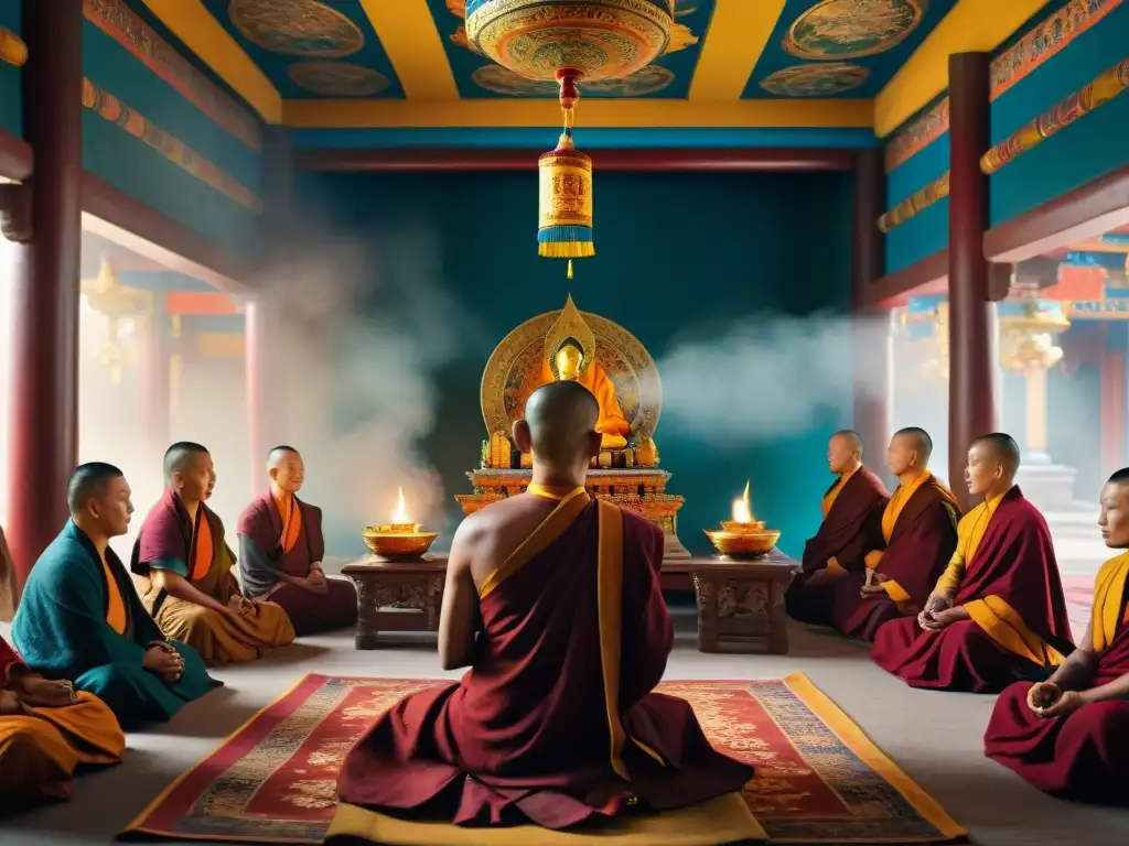 En el colorido monasterio tibetano, monjes realizan ritual budista, evocando la Reencarnación en Budismo Tibetano