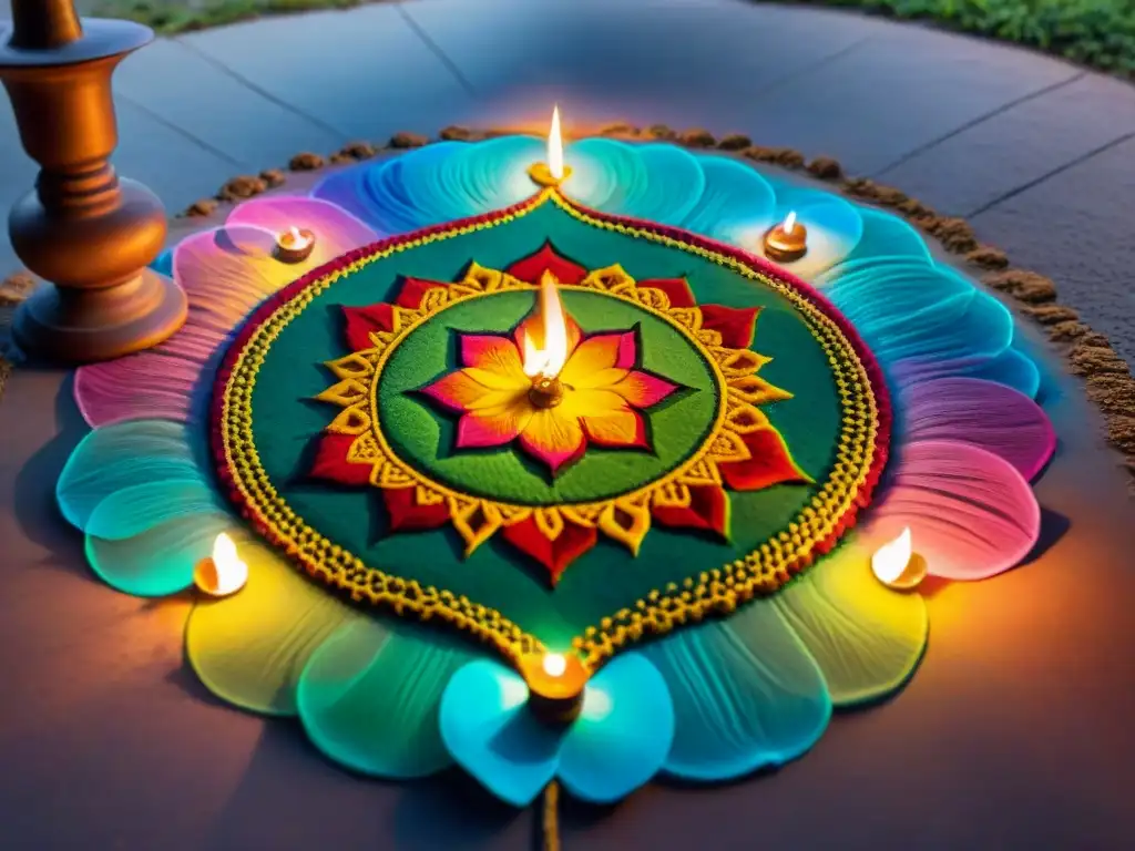 Colorido rangoli decorando suelo afuera de casa india durante Diwali, con diyas brillando, en Festivales antiguos India dioses