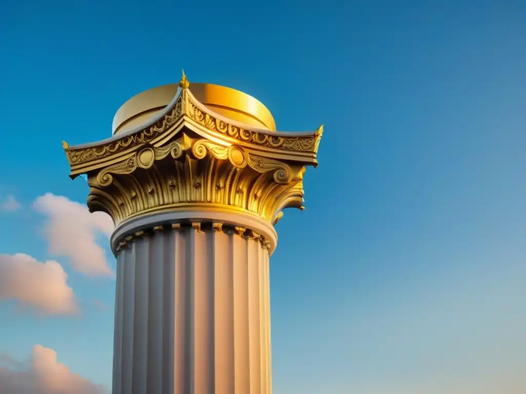 Columna jónica bañada por luz dorada, resaltando sus elementos decorativos para templo griego