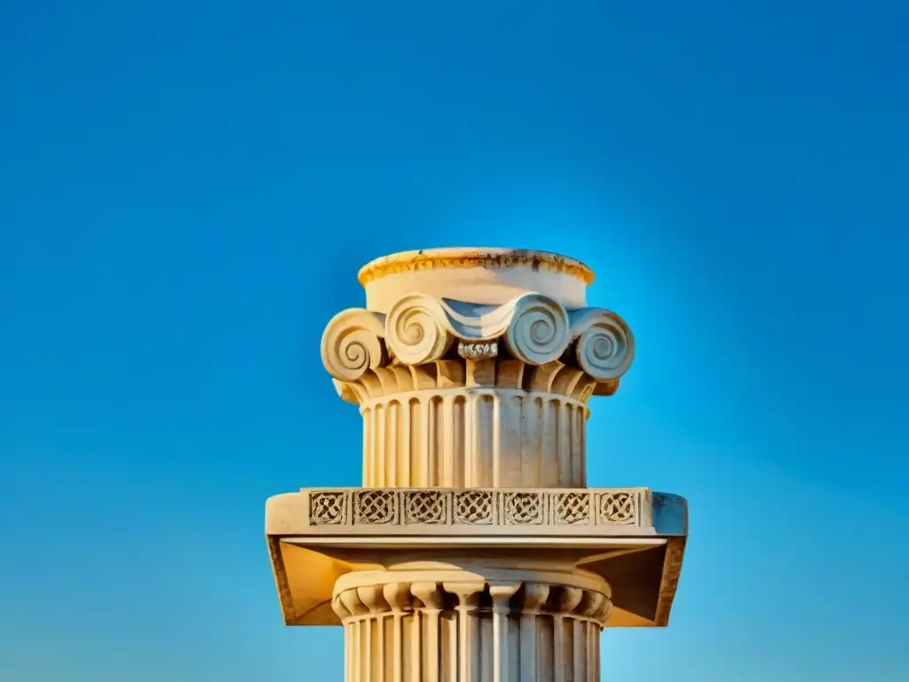 Columna jónica de mármol tallada, iluminada por el sol, ante cielo azul, con sombras en la piedra antigua