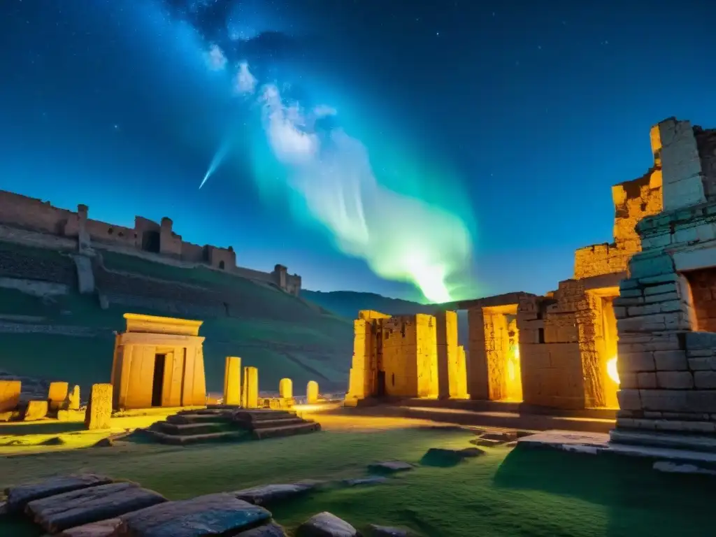 Un cometa brillante surcando el cielo estrellado sobre antiguas ruinas iluminadas por la luna, evocando misterio y esperanza