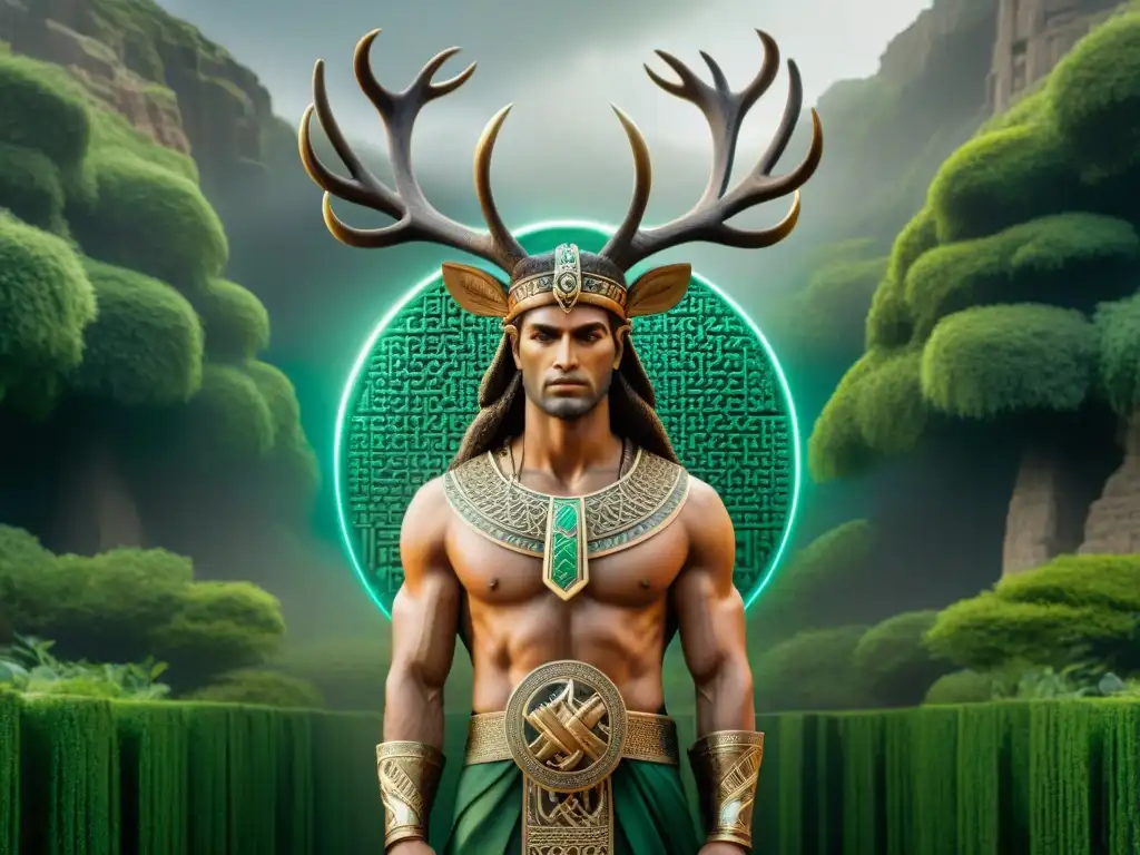 Una comparativa visual entre mitos celtas y sumerios: Cernunnos con Anzu, detallados en 8k