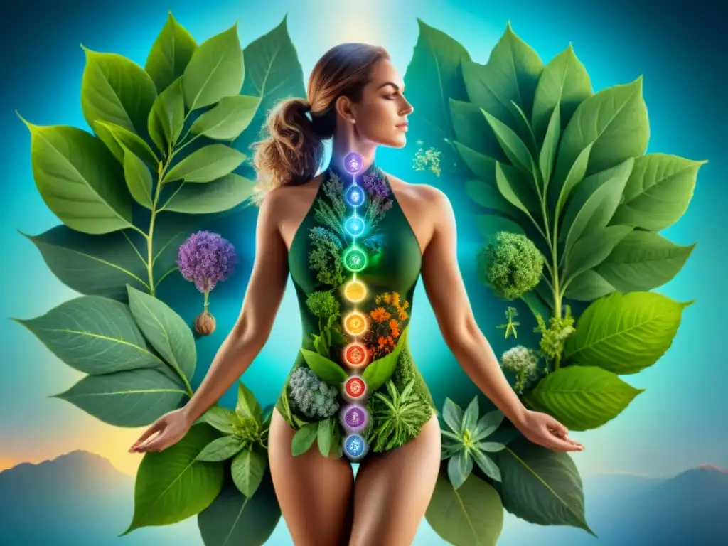 Compleja ilustración vibrante del cuerpo humano con puntos energéticos y caminos según la medicina ayurvédica, conectando cuerpo y alma con chakras, doshas y remedios herbales, rodeados de elementos botánicos exuberantes