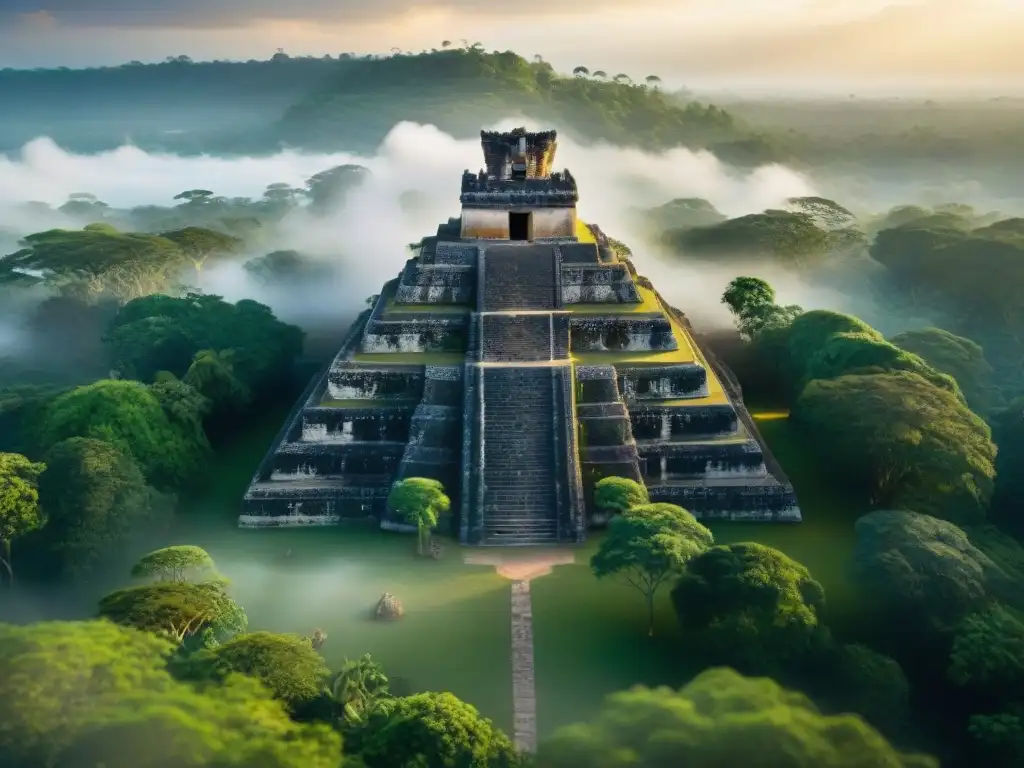 Complejo de templos mayas envuelto en niebla al amanecer