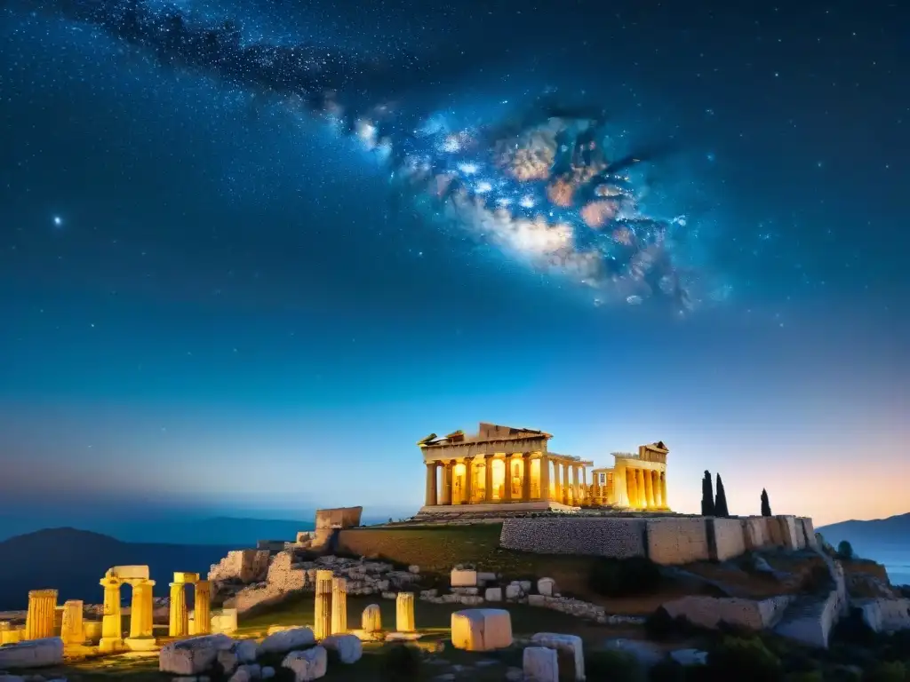 Conexiones cósmicas entre griegos y mayas: Noche estrellada sobre Atenas, Parthenon en silueta