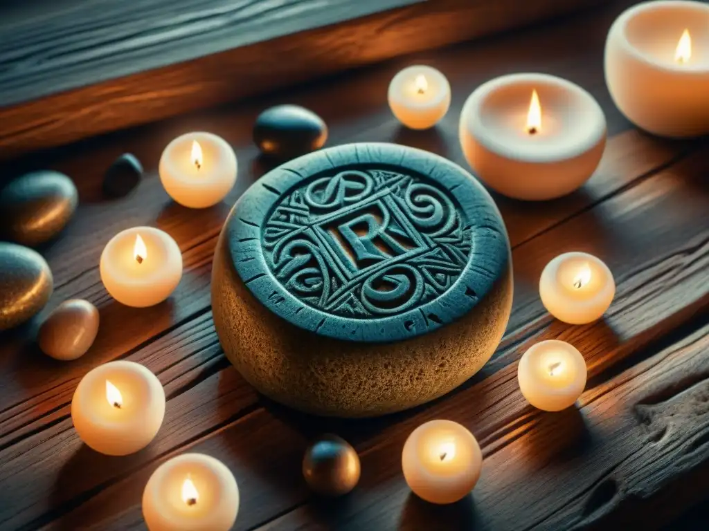 Conjunto de piedras rúnicas nórdicas talladas en detalle, en mesa de madera iluminadas por velas