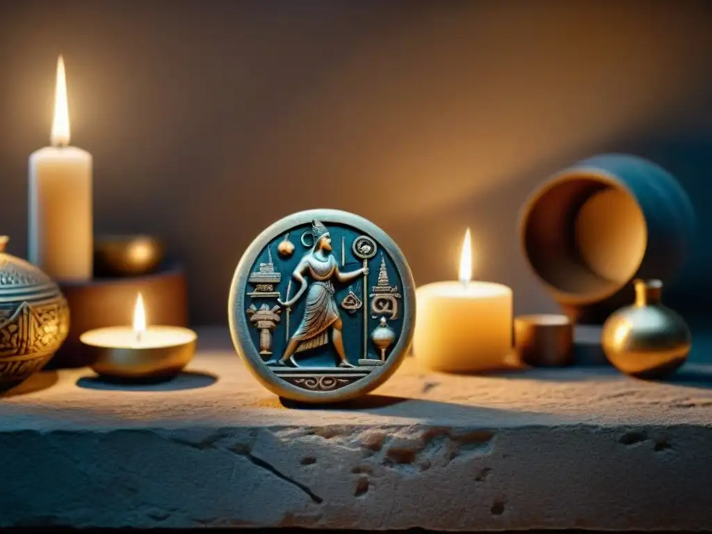 Un conjunto de talismanes griegos antiguos con un significado oculto, iluminados por velas en una habitación tenue