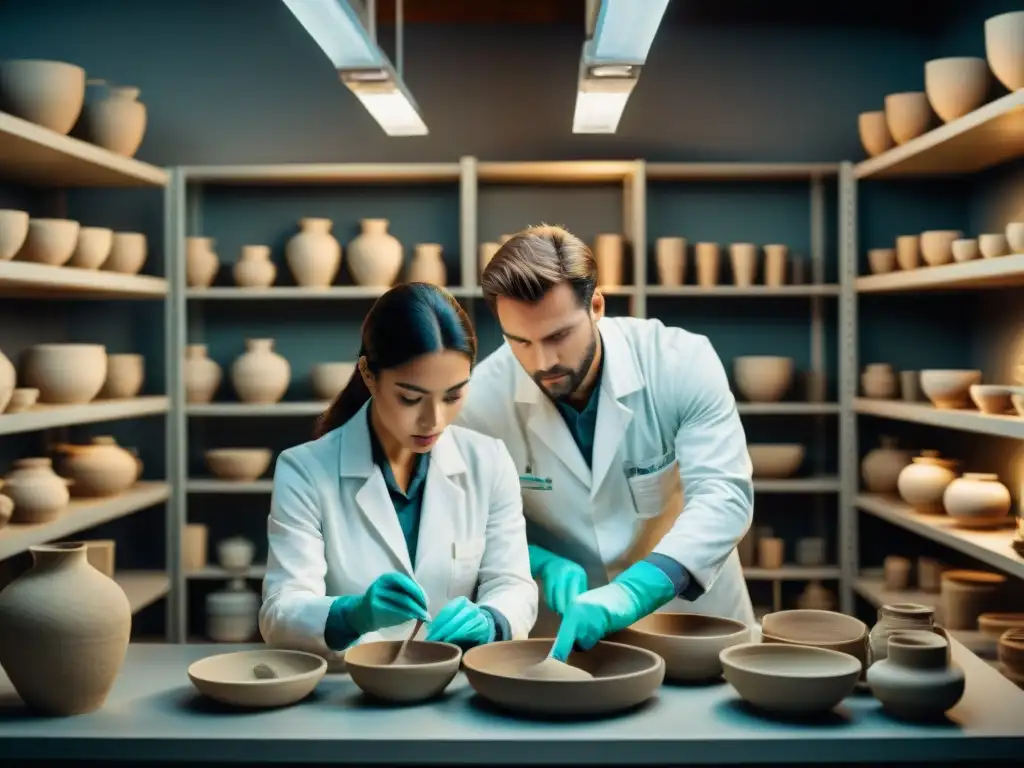 Conservacionistas protegiendo el legado humano con dedicación y precisión en laboratorio de conservación