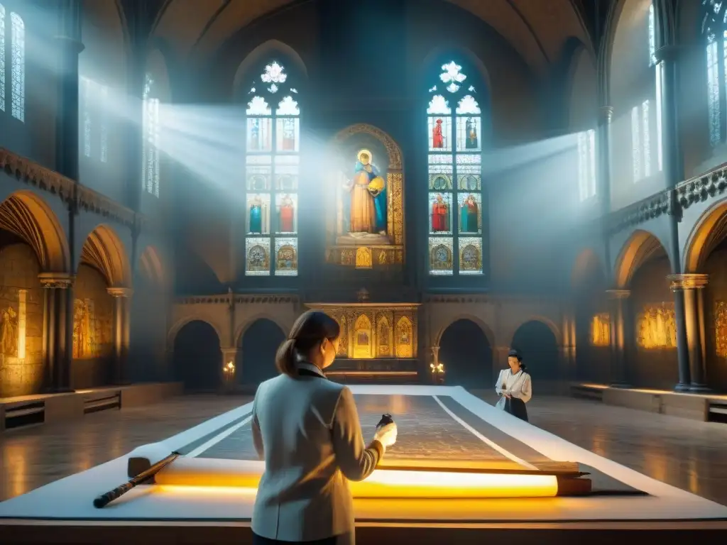 Conservacionistas protegiendo el legado humano en la restauración de un mural centenario en una catedral iluminada