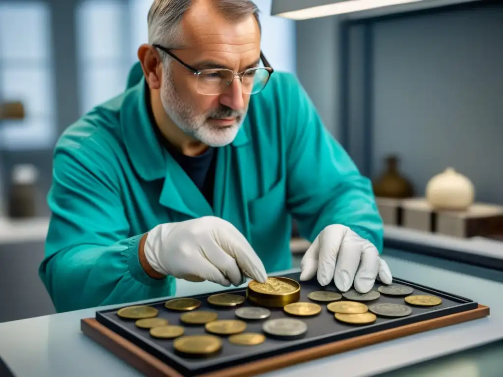 Un conservador examina y preserva una antigua moneda con tecnología moderna en un laboratorio de conservación