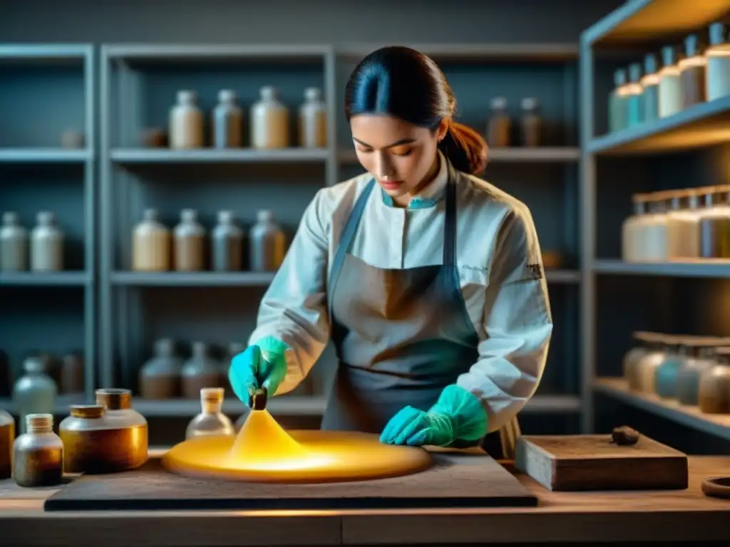 Conservador aplicando solución química a antiguo artefacto en laboratorio