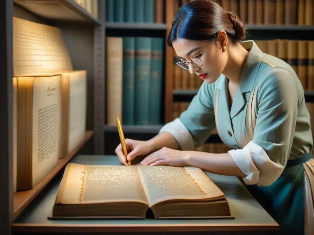 Un conservador restaura un antiguo manuscrito bajo una luz suave, rodeado de libros antiguos