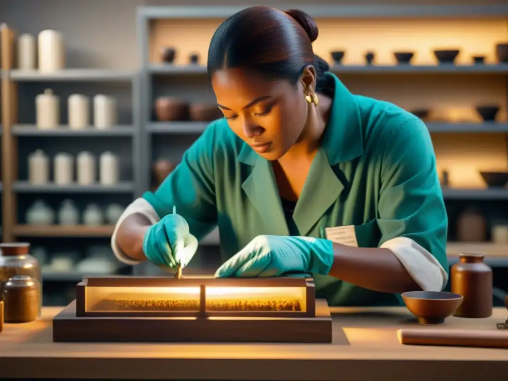 Un conservador hábil restaura arte antiguo bajo luz cálida en laboratorio, en atmósfera de preservación arte civilizaciones antiguas